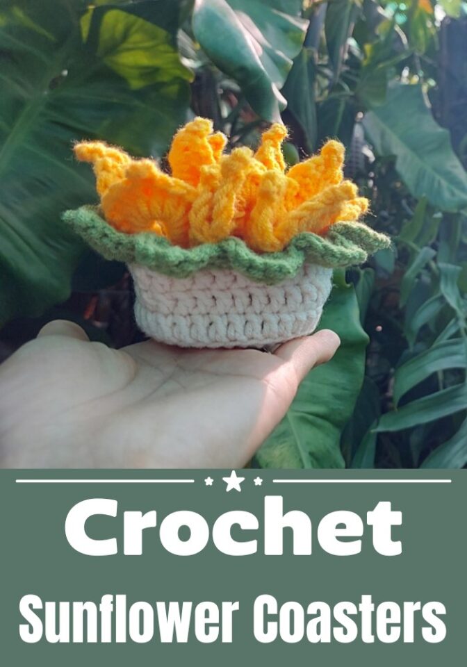 DICHA Sunflower Crochet Coaster Set - 4 Coasters + Plant Pot Holder, Handmade Beverage Coasters For Table & Bar