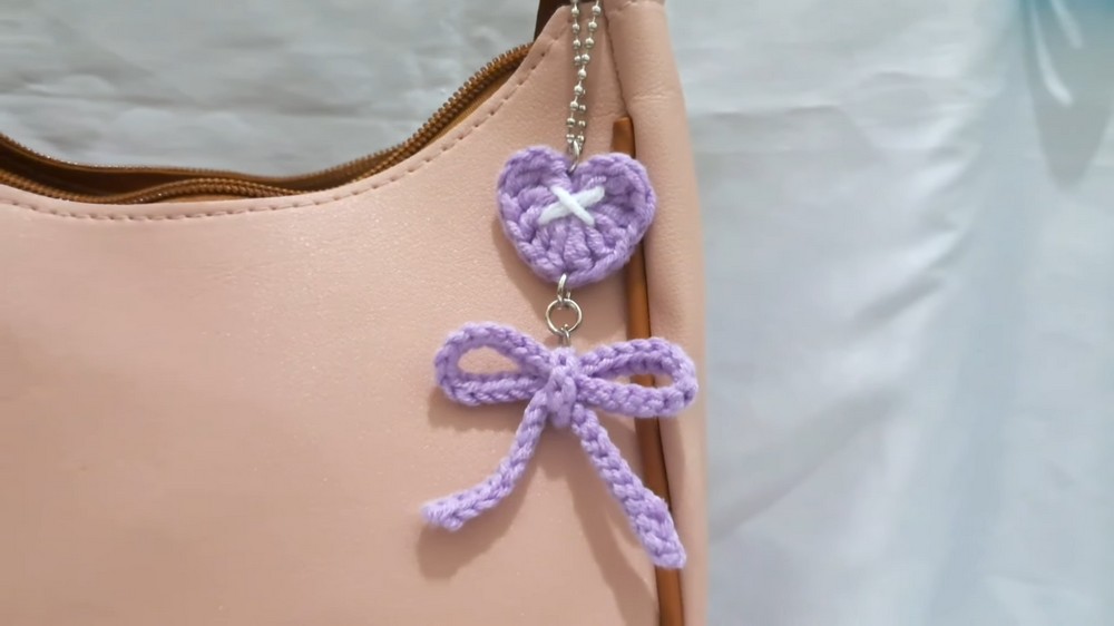 Crochet Heart Ribbon Keychain